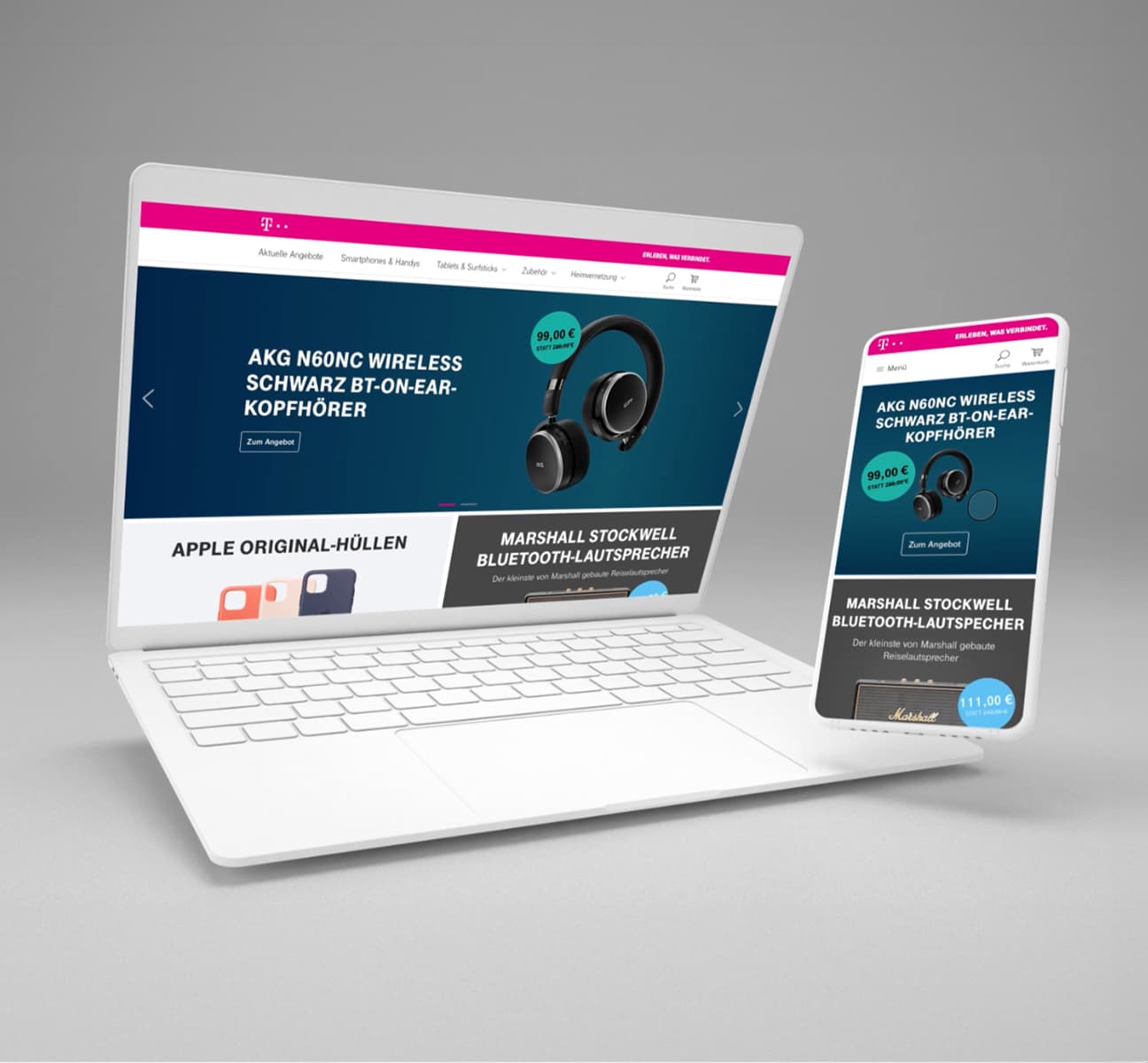 Ein Teaser Bild, das den Telekom Shop auf einem Laptop und einem Smartphone zeigt.